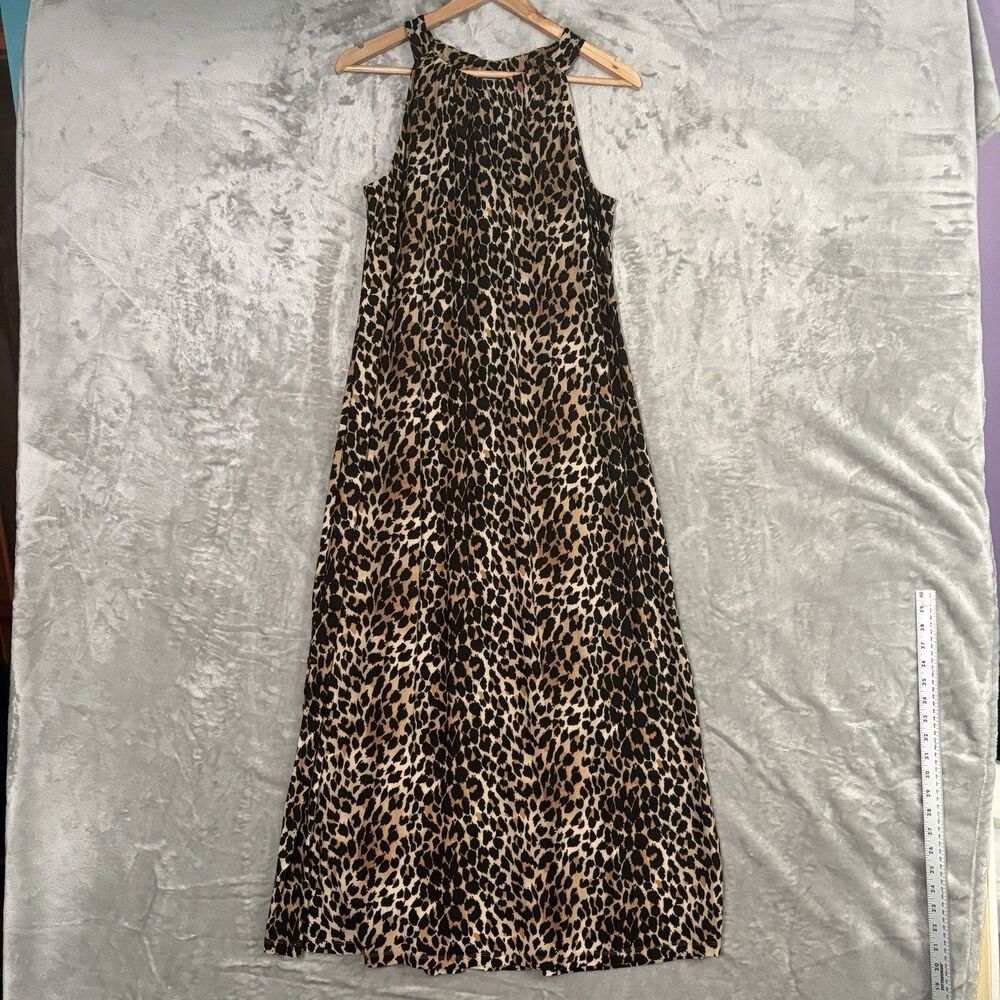Anne Klein Leopard Cheetah Animal Print Maxi Dress Flowy Double Slit Sz 12 Y2K